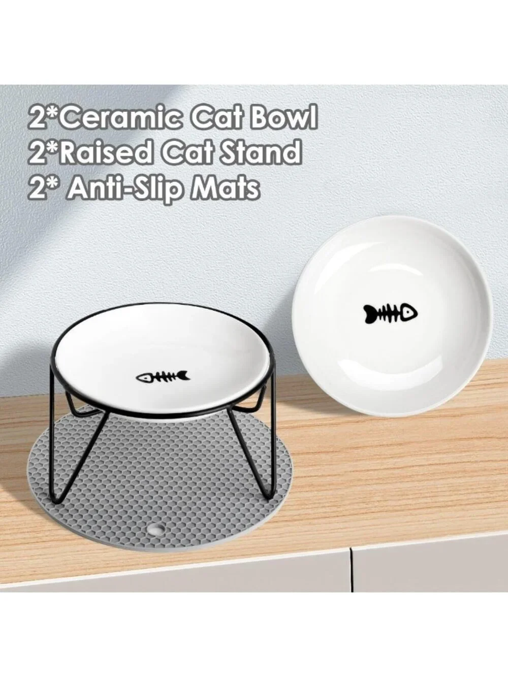 Elevated Cat Bowls Set - Ceramic Dishes with Metal Stand, Whisker Friendly